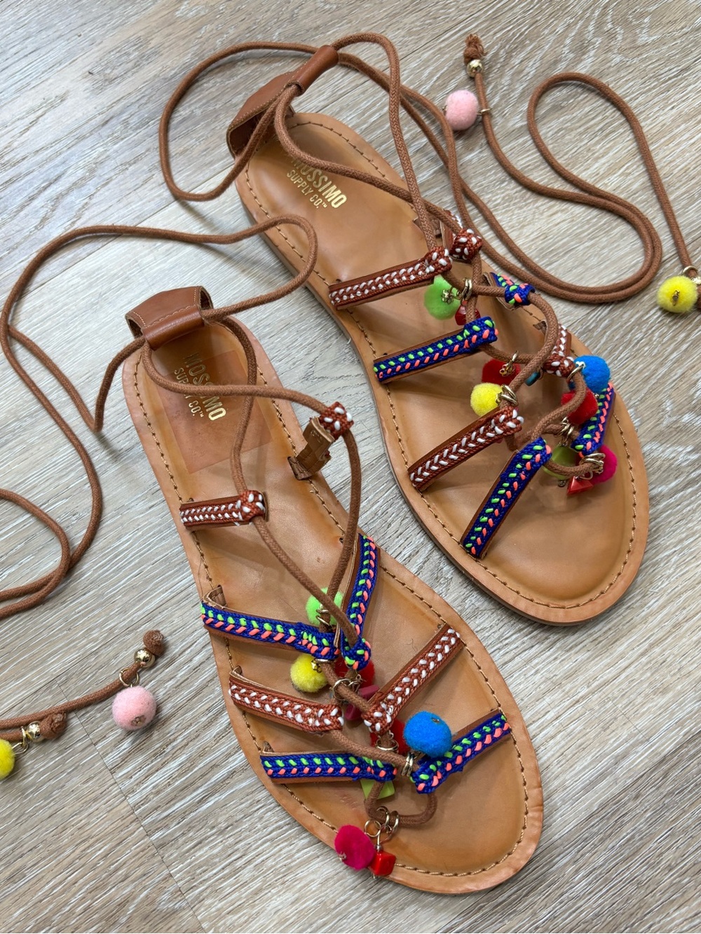 Mossimo Supply Co. Brown Leather Lace-Up Pom Pom Sandals with Multicolor Trim